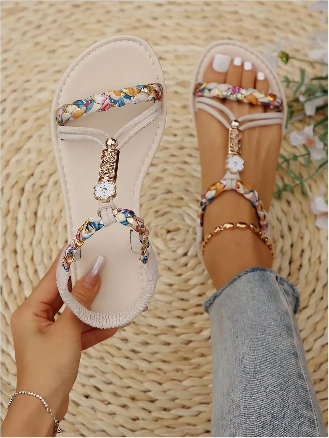 Verdusa Women's Colorful Braided Beaded Flat Sandals Open Toe Summer Beach Leather Sandals