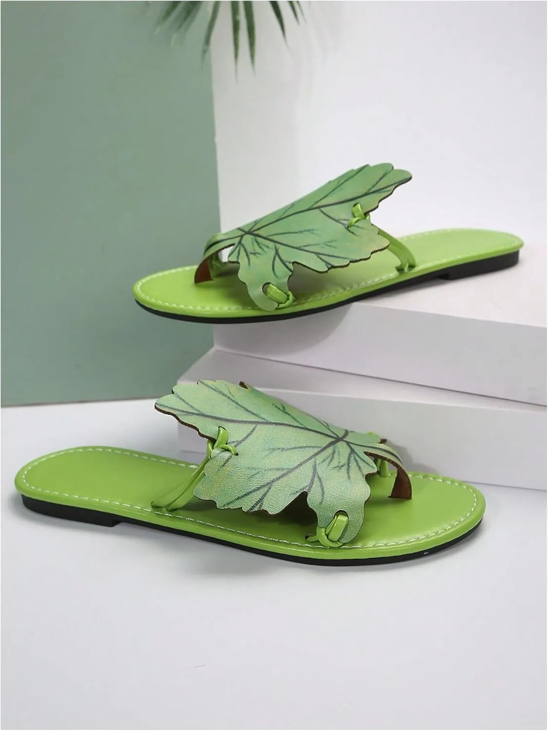Verdusa Women's Leaf PU Leather Flip Flops Open Toe Slip on Slides Flat Thong Sandals