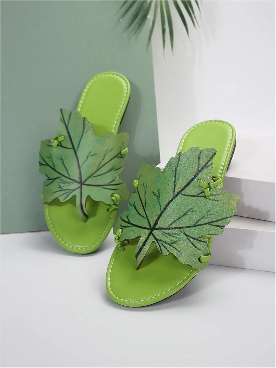 Verdusa Women's Leaf PU Leather Flip Flops Open Toe Slip on Slides Flat Thong Sandals