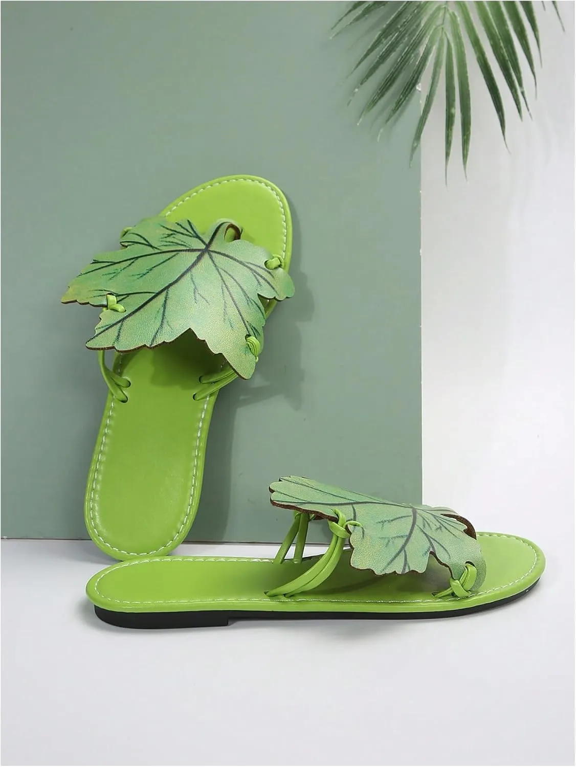 Verdusa Women's Leaf PU Leather Flip Flops Open Toe Slip on Slides Flat Thong Sandals