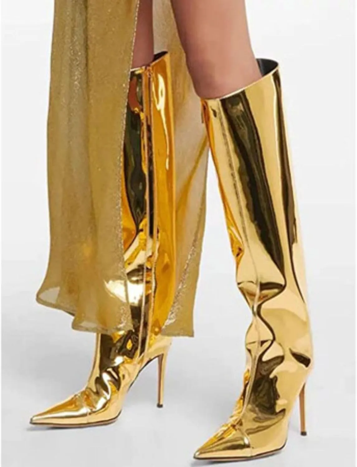 Vertundy Women's Metallic Knee High Boots Sexy Silver Pointed Toe Stiletto Booties Wide Calf High Heel Patent Leather Ankle Boots with Side Zipper