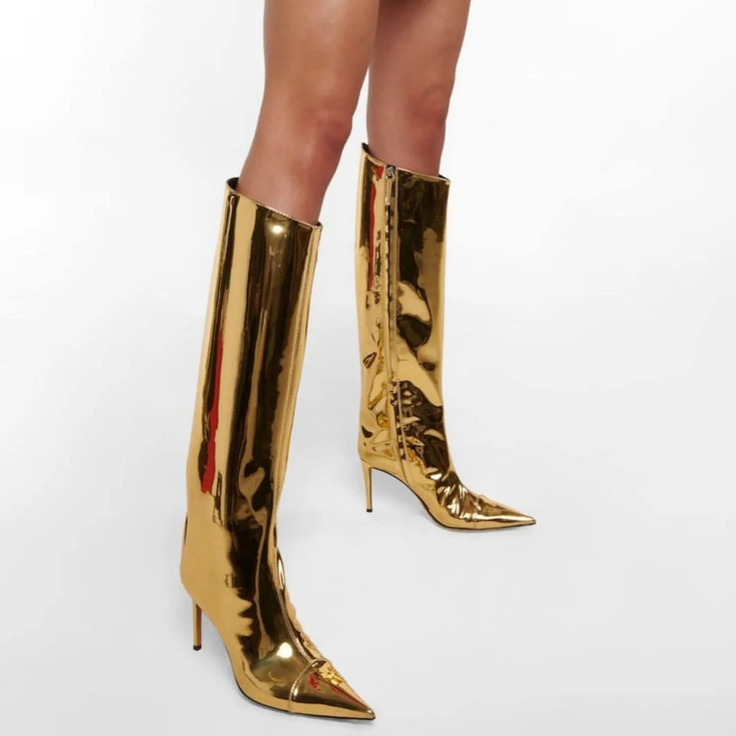 Vertundy Women's Metallic Knee High Boots Sexy Silver Pointed Toe Stiletto Booties Wide Calf High Heel Patent Leather Ankle Boots with Side Zipper