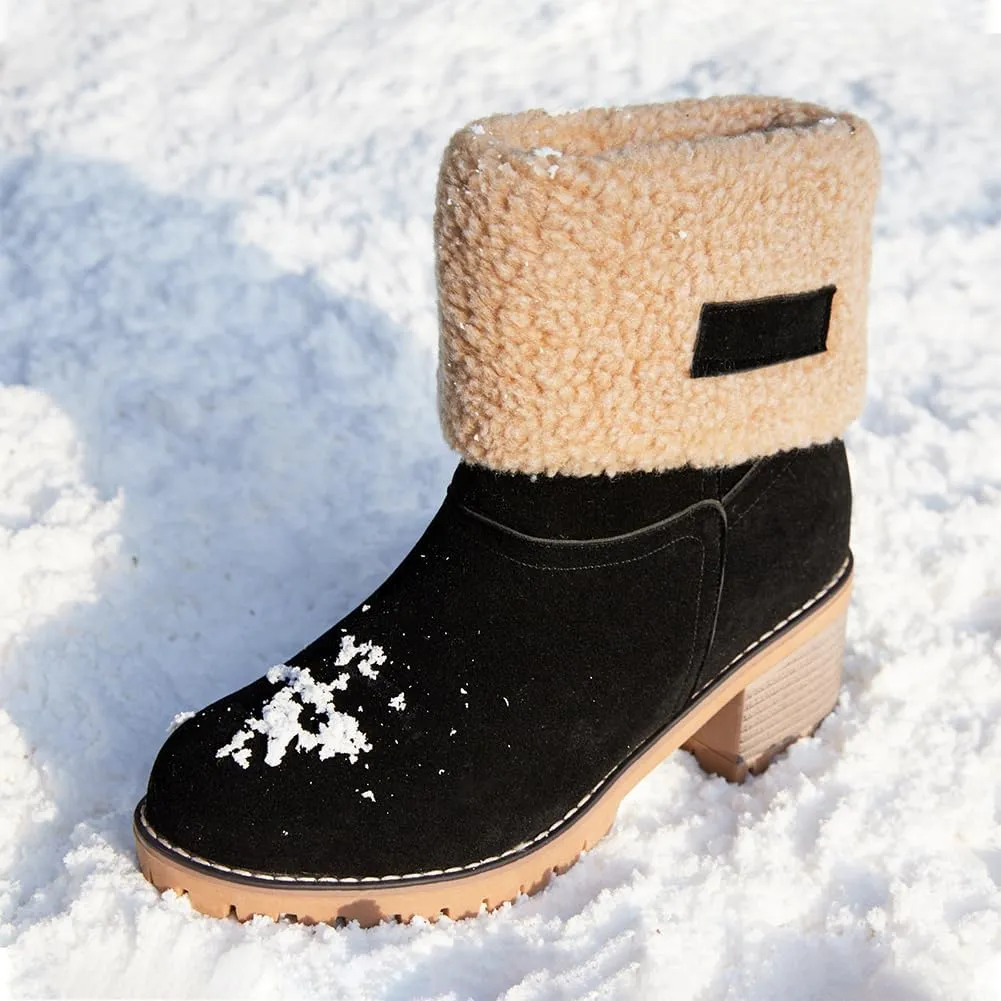 VIMISAOI Winter Boots for Women, Comfortable Slip On Mid Chunky Heel Suede Warm Snow Ankle Boots Outdoor Shoes