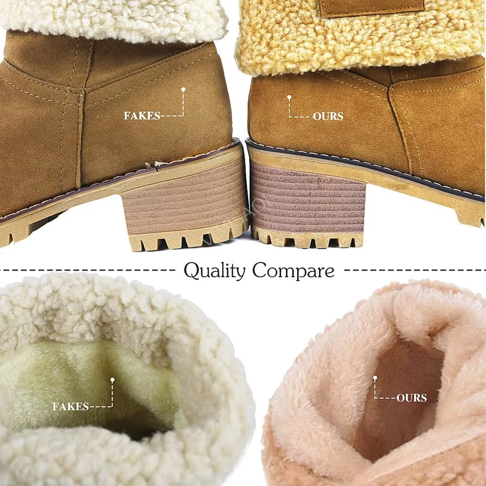 VIMISAOI Winter Boots for Women, Comfortable Slip On Mid Chunky Heel Suede Warm Snow Ankle Boots Outdoor Shoes