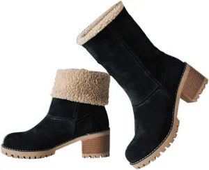 VIMISAOI Winter Boots for Women, Comfortable Slip On Mid Chunky Heel Suede Warm Snow Ankle Boots Outdoor Shoes