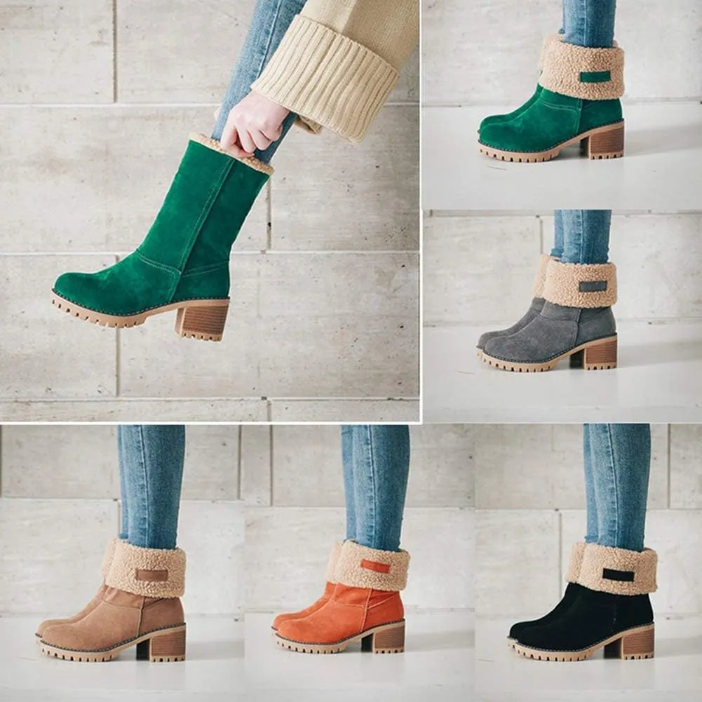 VIMISAOI Winter Boots for Women, Comfortable Slip On Mid Chunky Heel Suede Warm Snow Ankle Boots Outdoor Shoes