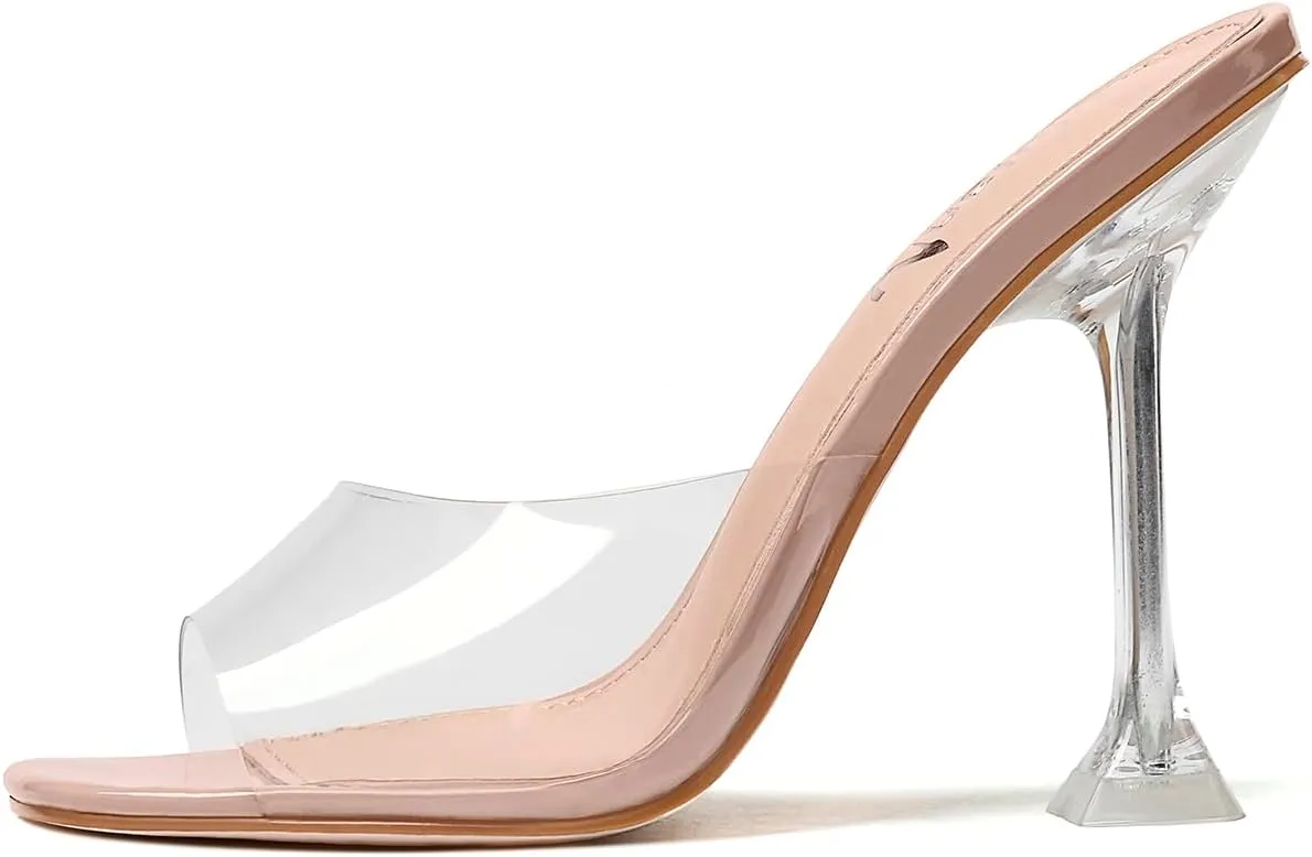 vivianly Womens Clear Heels Sandals Transparent Stiletto Heel Slippers Backless Peep Toe Slip on Heeled Mules