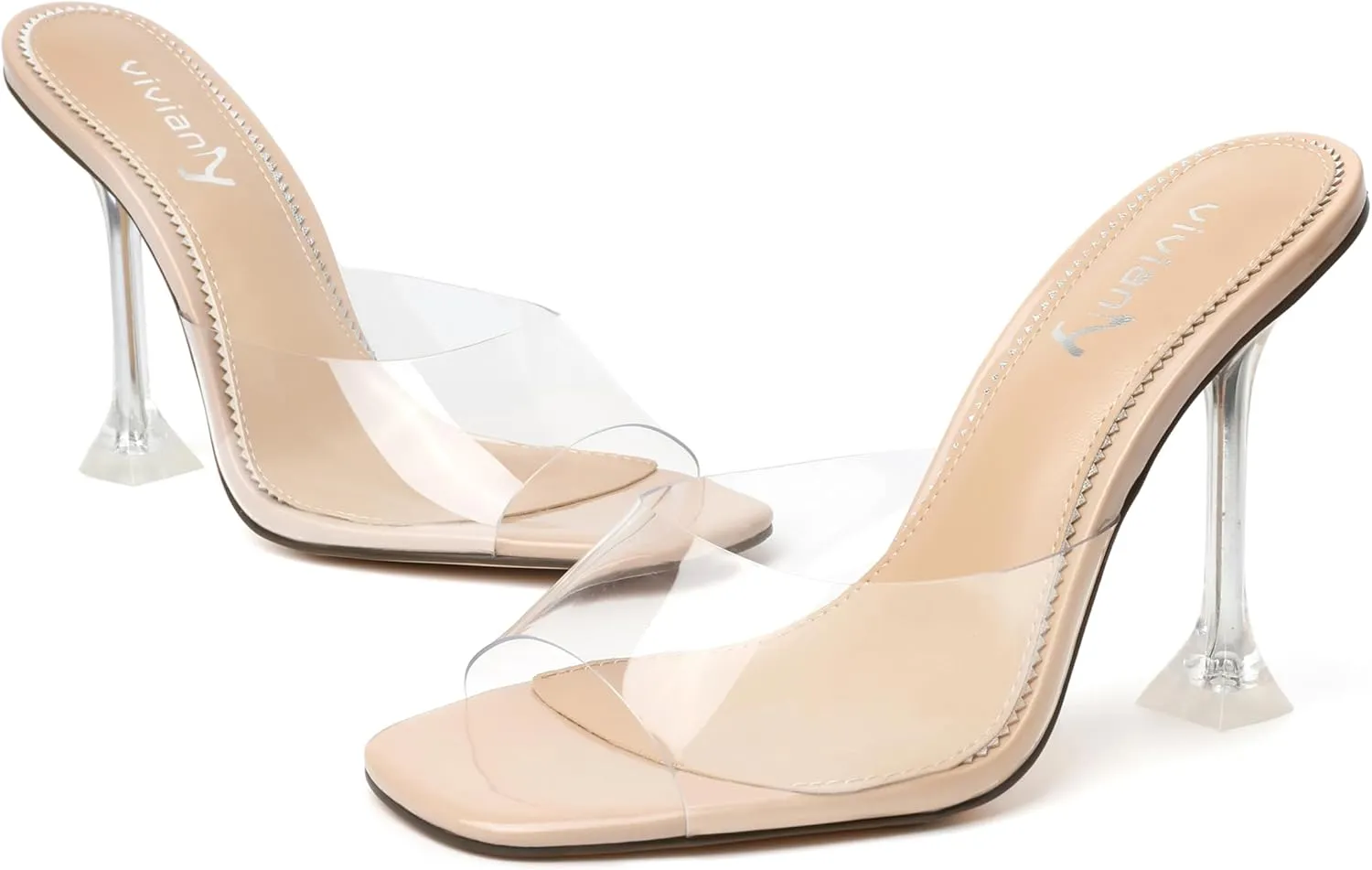 vivianly Womens Clear Heels Sandals Transparent Stiletto Heel Slippers Backless Peep Toe Slip on Heeled Mules