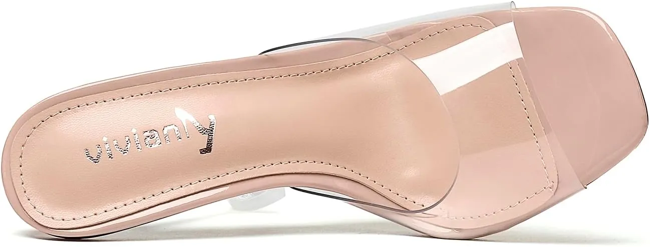 vivianly Womens Clear Heels Sandals Transparent Stiletto Heel Slippers Backless Peep Toe Slip on Heeled Mules