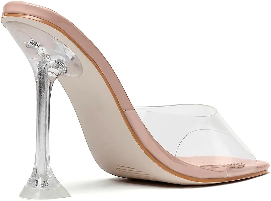 vivianly Womens Clear Heels Sandals Transparent Stiletto Heel Slippers Backless Peep Toe Slip on Heeled Mules