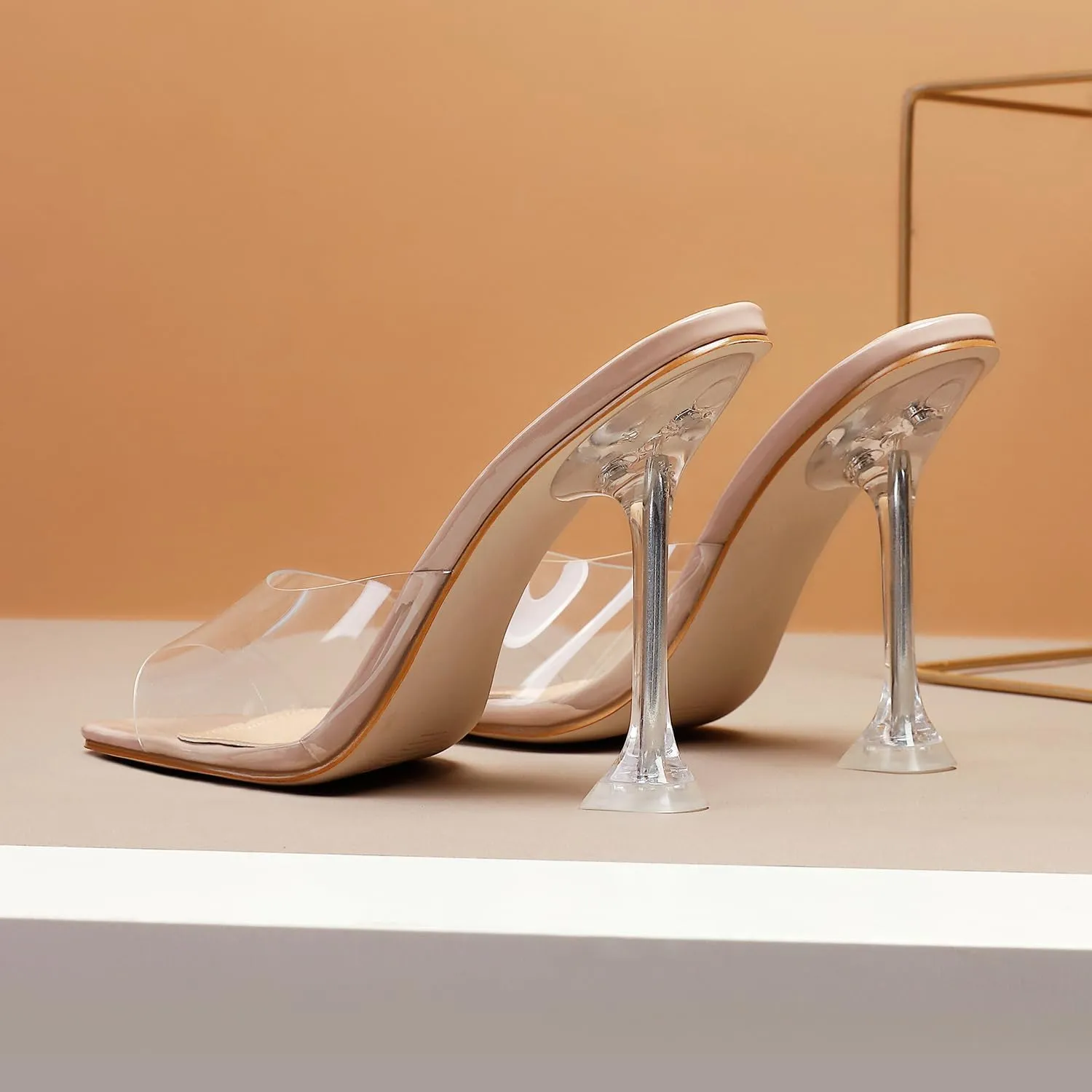 vivianly Womens Clear Heels Sandals Transparent Stiletto Heel Slippers Backless Peep Toe Slip on Heeled Mules