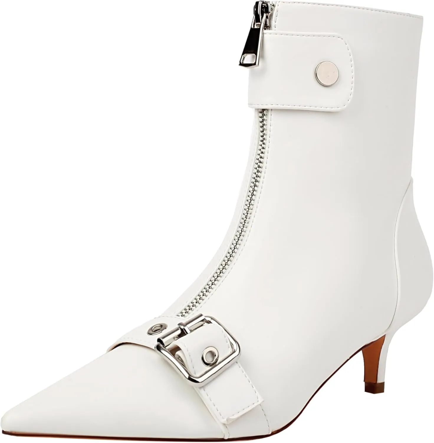 vivianly Womens Pointed Toe Ankle Booties Kitten Heel Boots Zipper Square Buckle