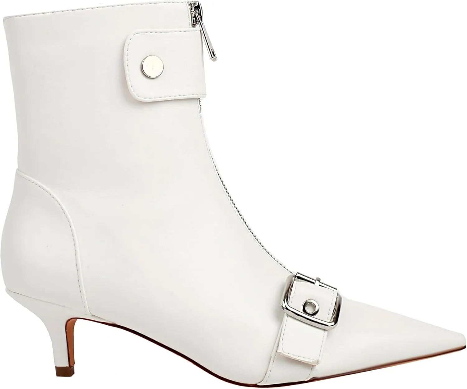 vivianly Womens Pointed Toe Ankle Booties Kitten Heel Boots Zipper Square Buckle