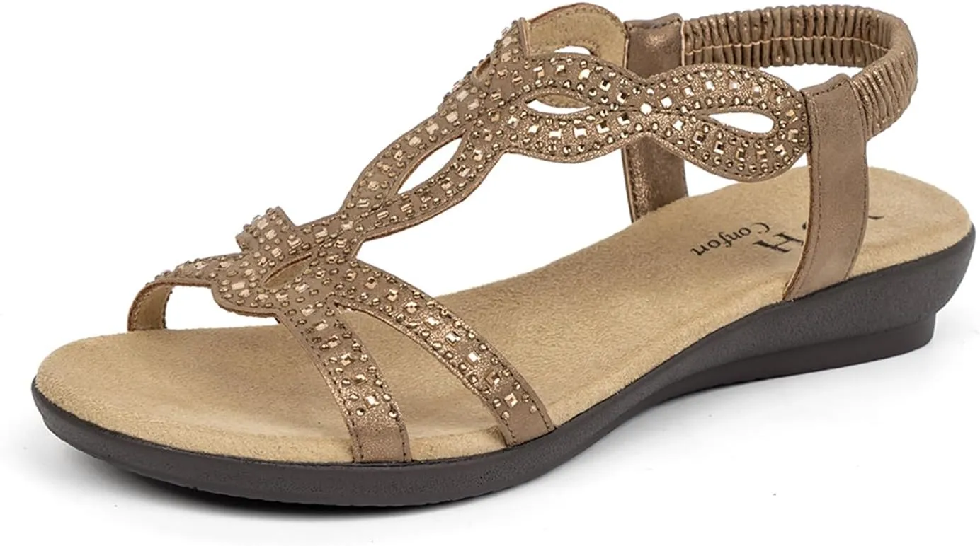 VJH confort Women’s Flat Sandals,Comfort Elastic Strap Rhinestone Open Toe Slip-On Casual Walking Sandals