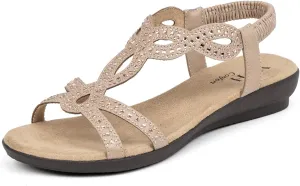 VJH confort Women’s Flat Sandals,Comfort Elastic Strap Rhinestone Open Toe Slip-On Casual Walking Sandals
