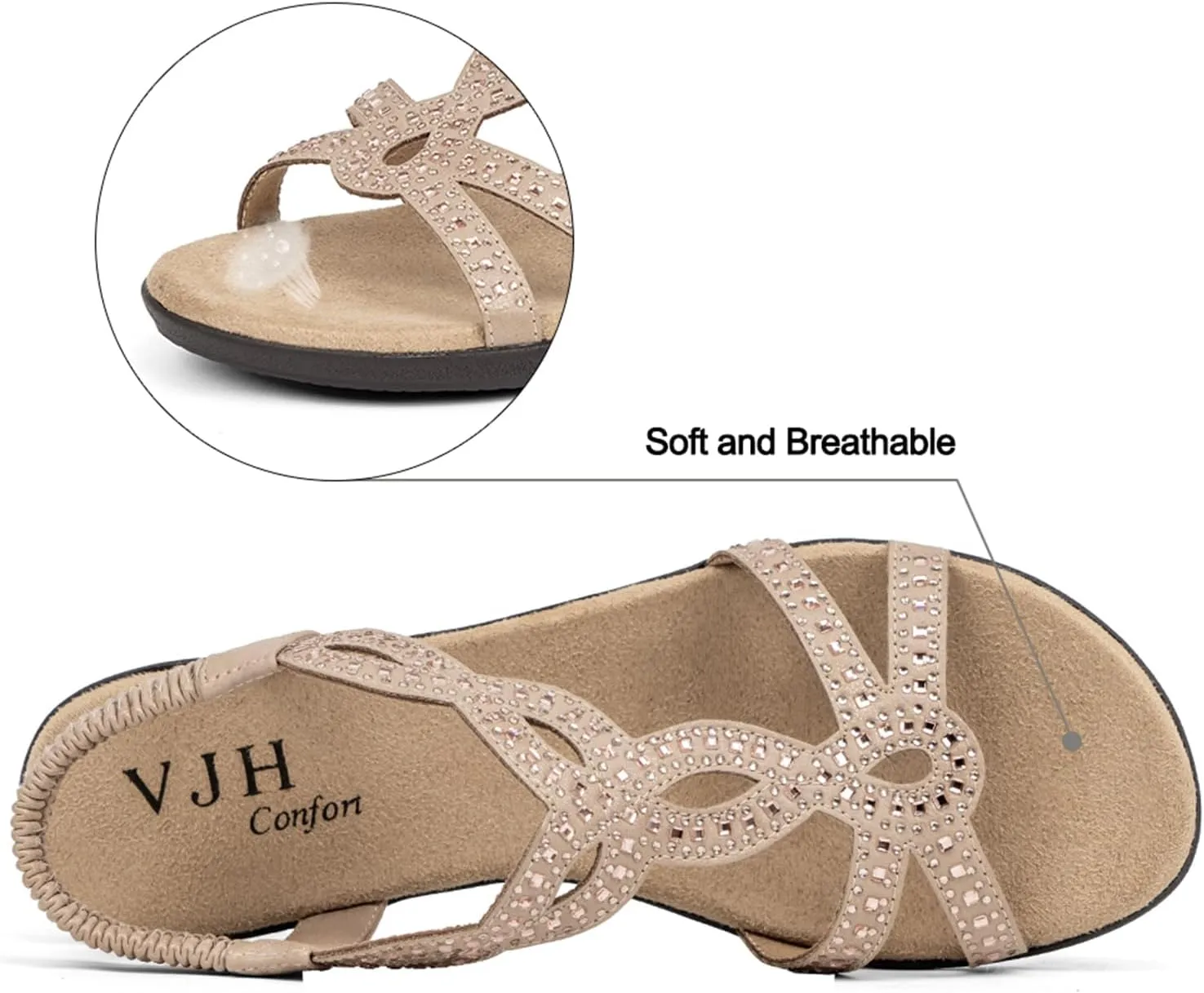 VJH confort Women’s Flat Sandals,Comfort Elastic Strap Rhinestone Open Toe Slip-On Casual Walking Sandals