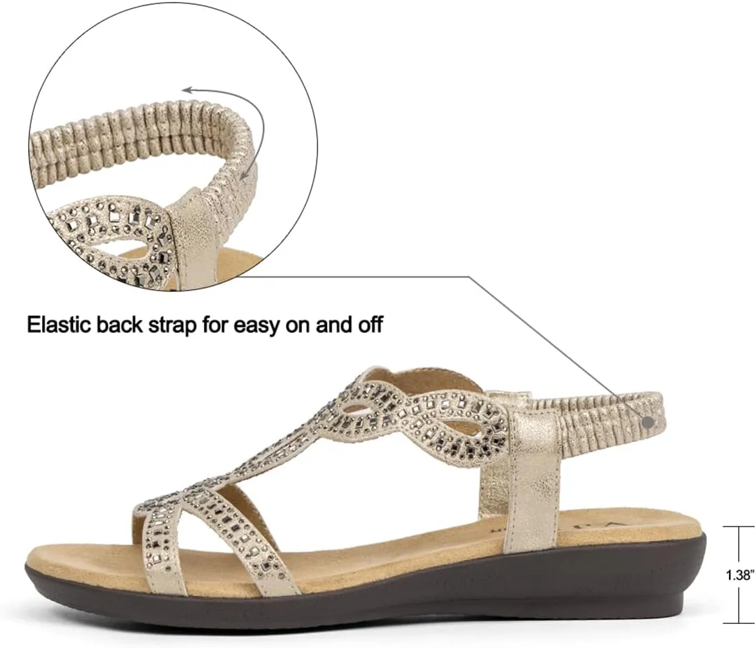 VJH confort Women’s Flat Sandals,Comfort Elastic Strap Rhinestone Open Toe Slip-On Casual Walking Sandals