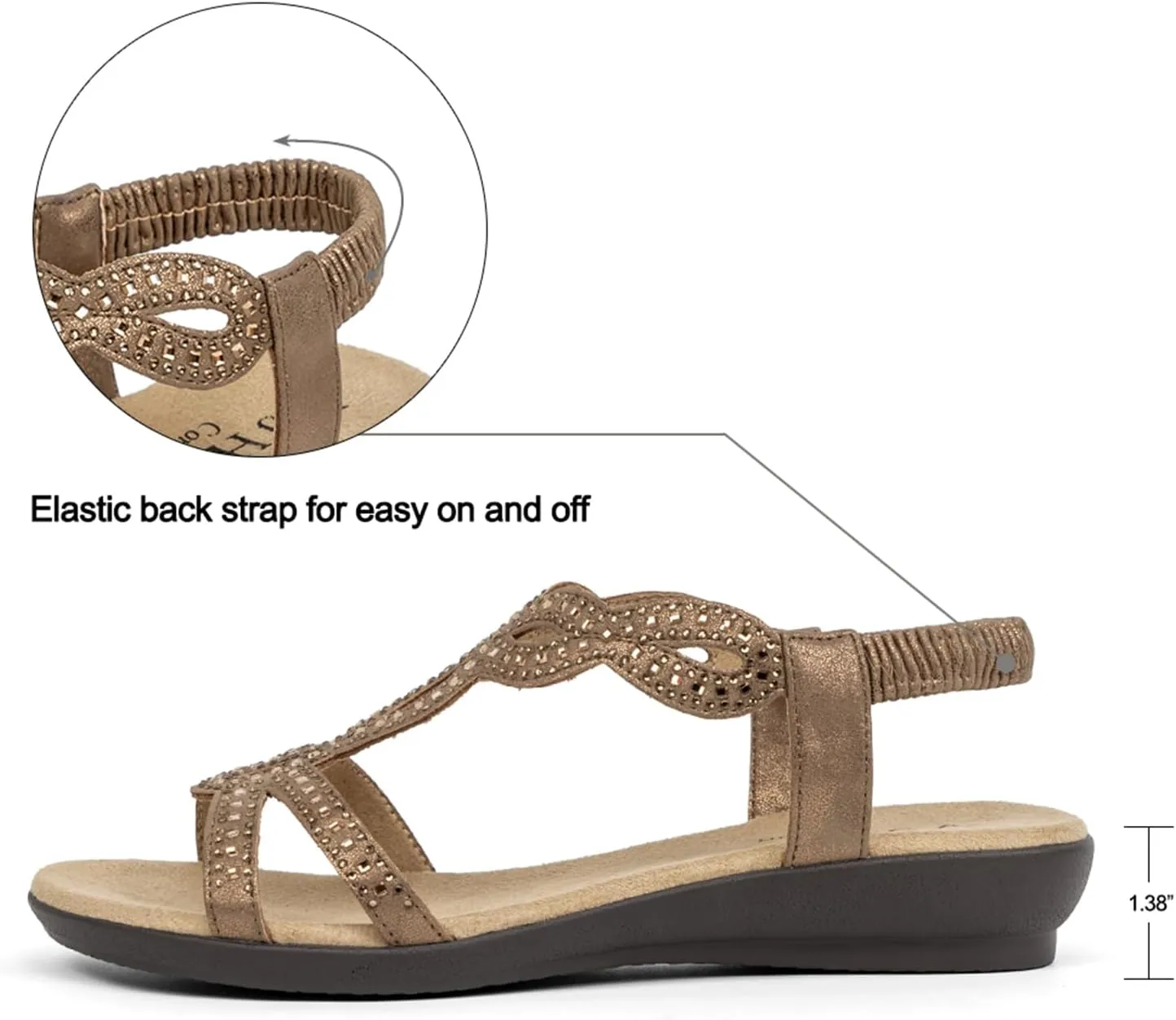 VJH confort Women’s Flat Sandals,Comfort Elastic Strap Rhinestone Open Toe Slip-On Casual Walking Sandals