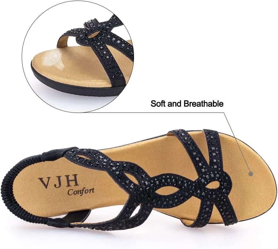 VJH confort Women’s Flat Sandals,Comfort Elastic Strap Rhinestone Open Toe Slip-On Casual Walking Sandals
