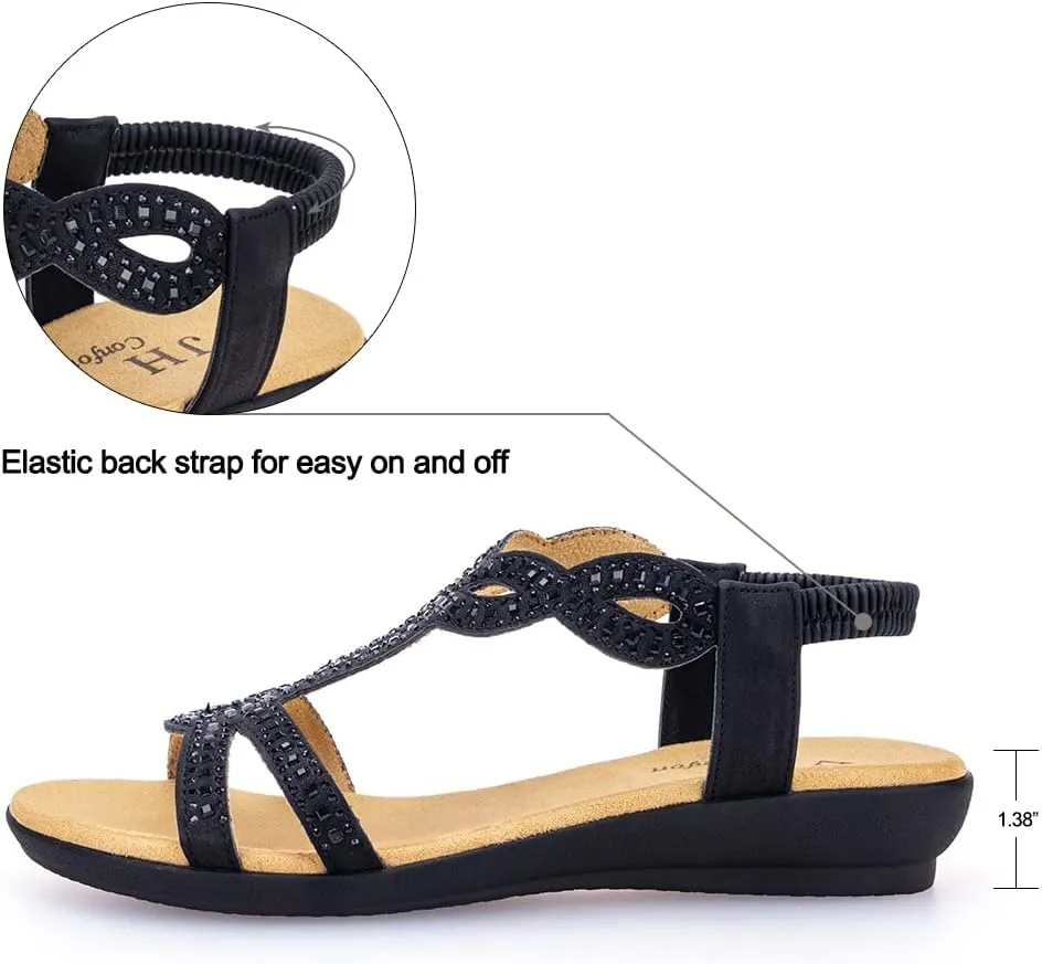 VJH confort Women’s Flat Sandals,Comfort Elastic Strap Rhinestone Open Toe Slip-On Casual Walking Sandals