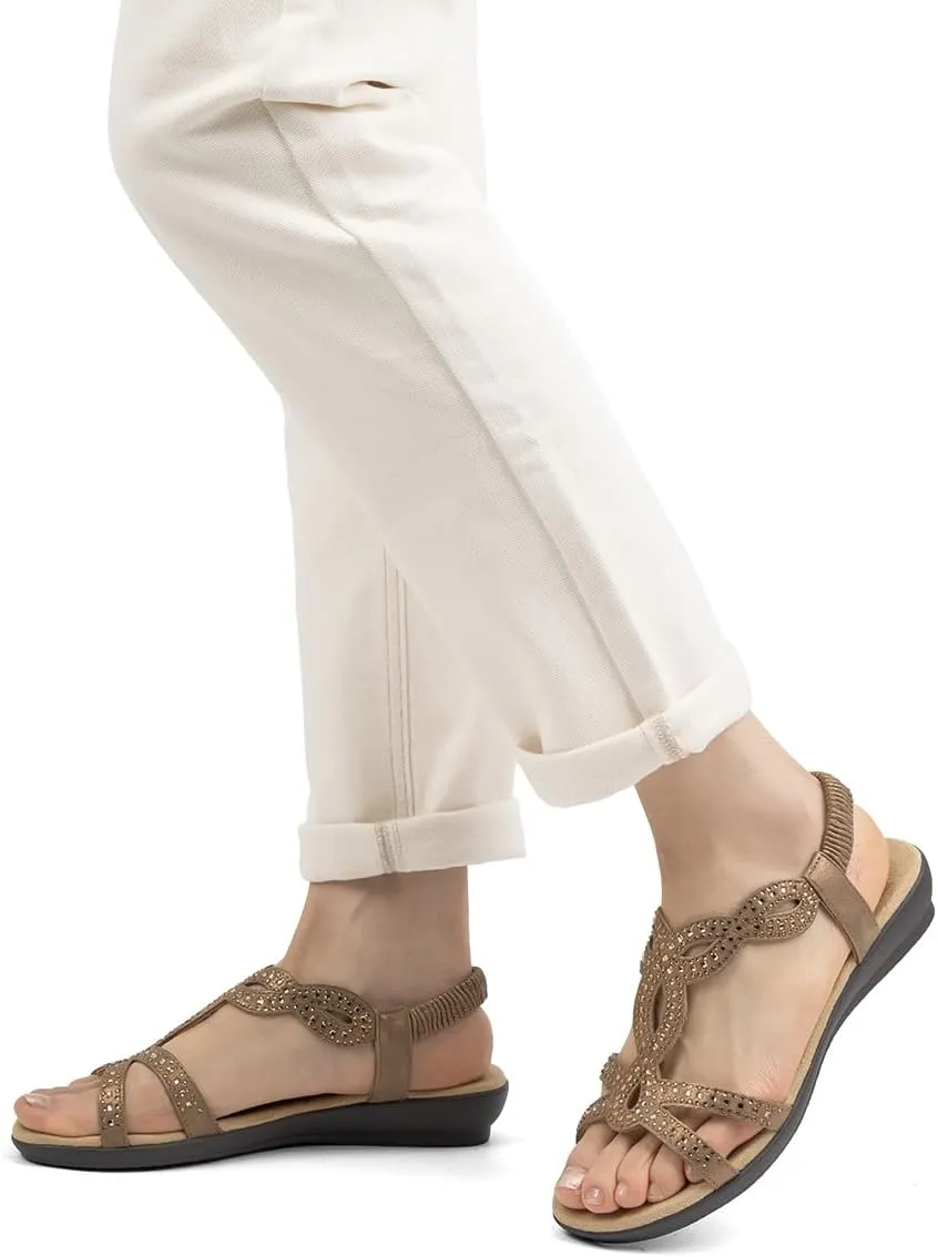 VJH confort Women’s Flat Sandals,Comfort Elastic Strap Rhinestone Open Toe Slip-On Casual Walking Sandals