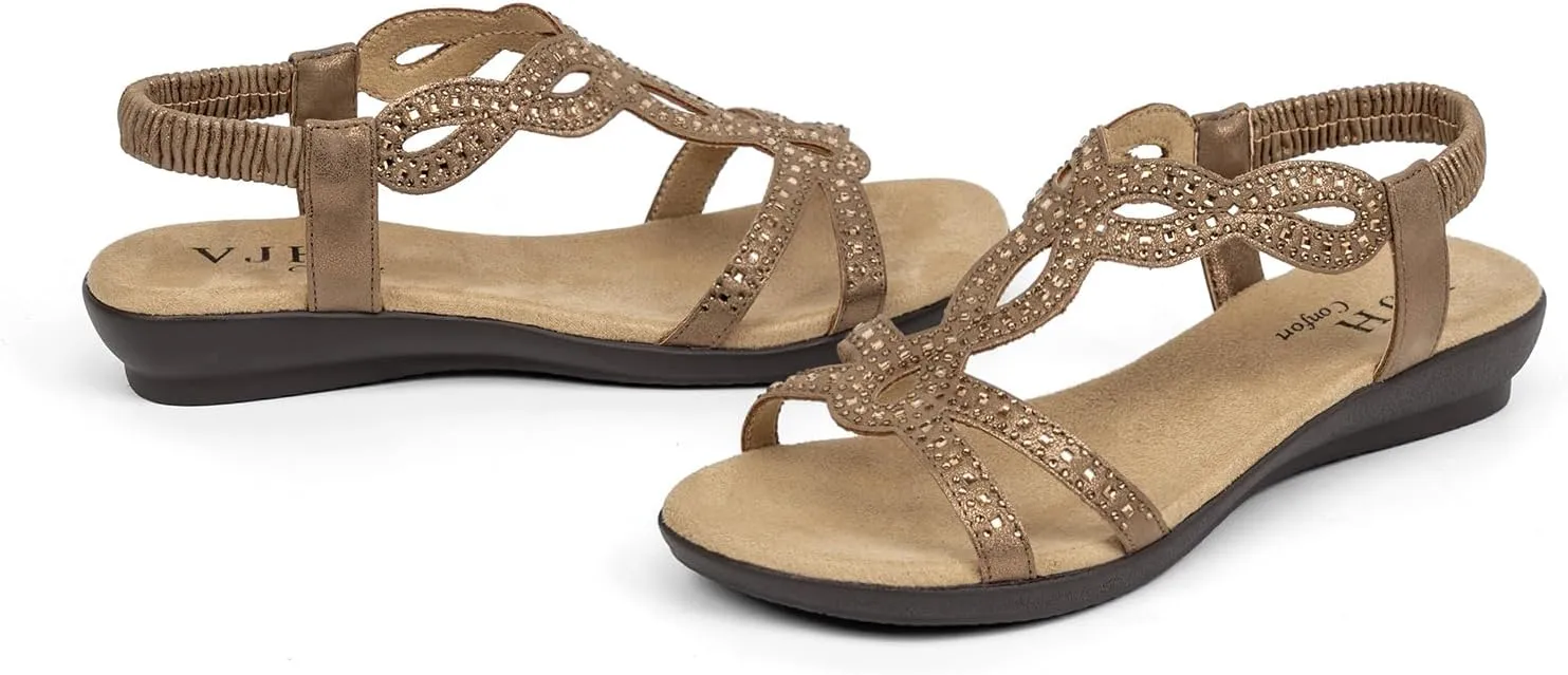 VJH confort Women’s Flat Sandals,Comfort Elastic Strap Rhinestone Open Toe Slip-On Casual Walking Sandals