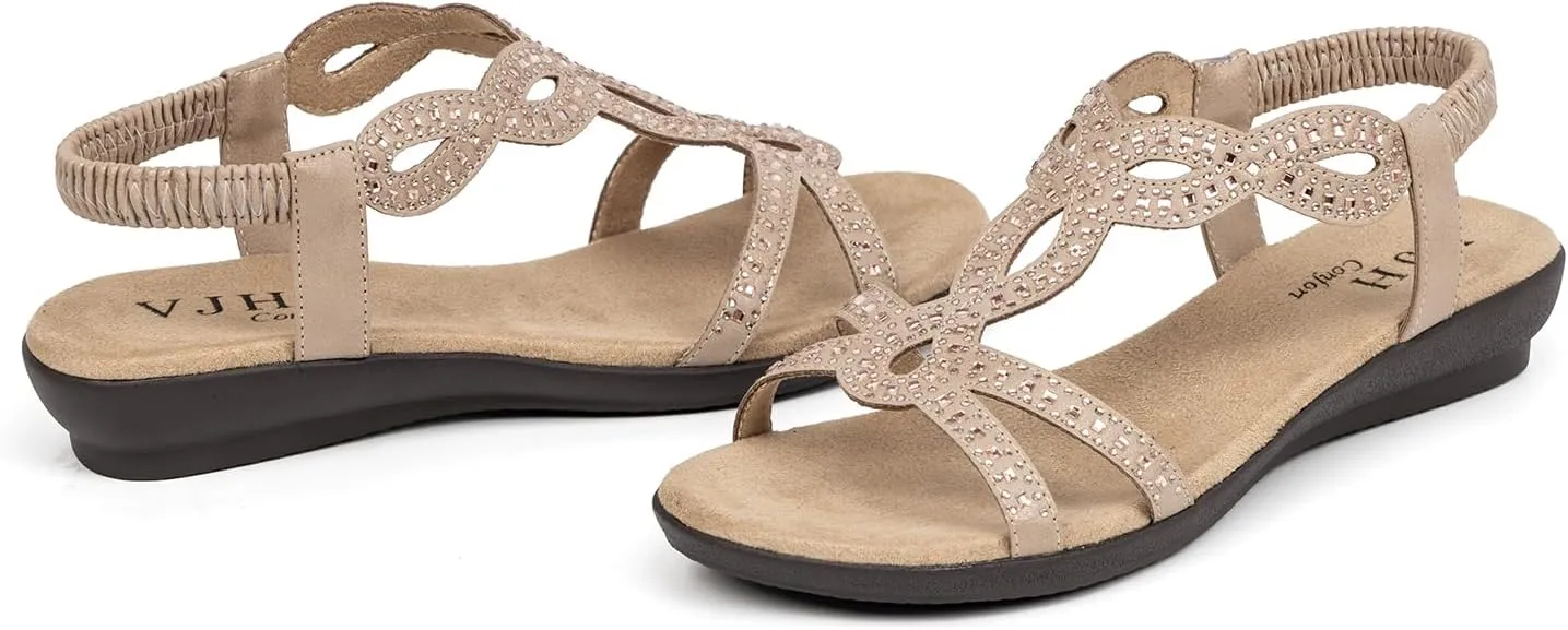 VJH confort Women’s Flat Sandals,Comfort Elastic Strap Rhinestone Open Toe Slip-On Casual Walking Sandals