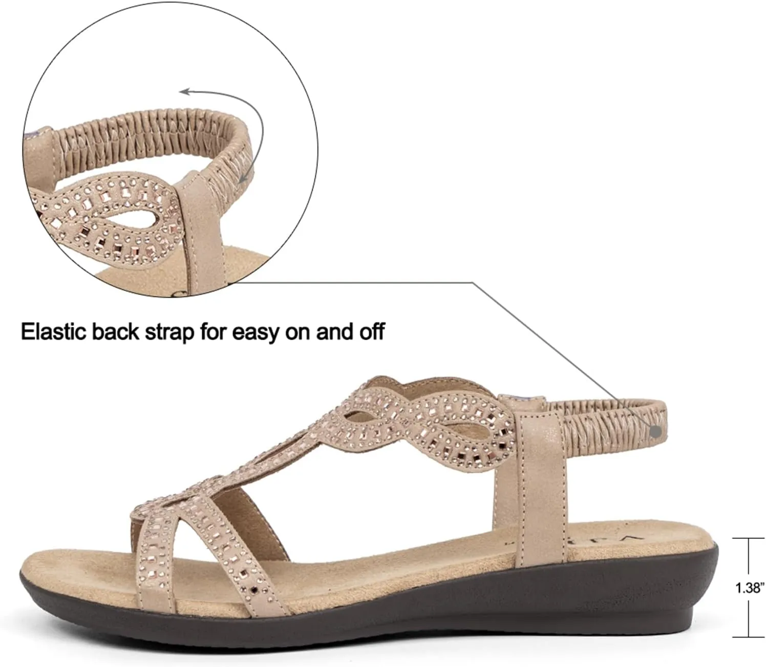 VJH confort Women’s Flat Sandals,Comfort Elastic Strap Rhinestone Open Toe Slip-On Casual Walking Sandals
