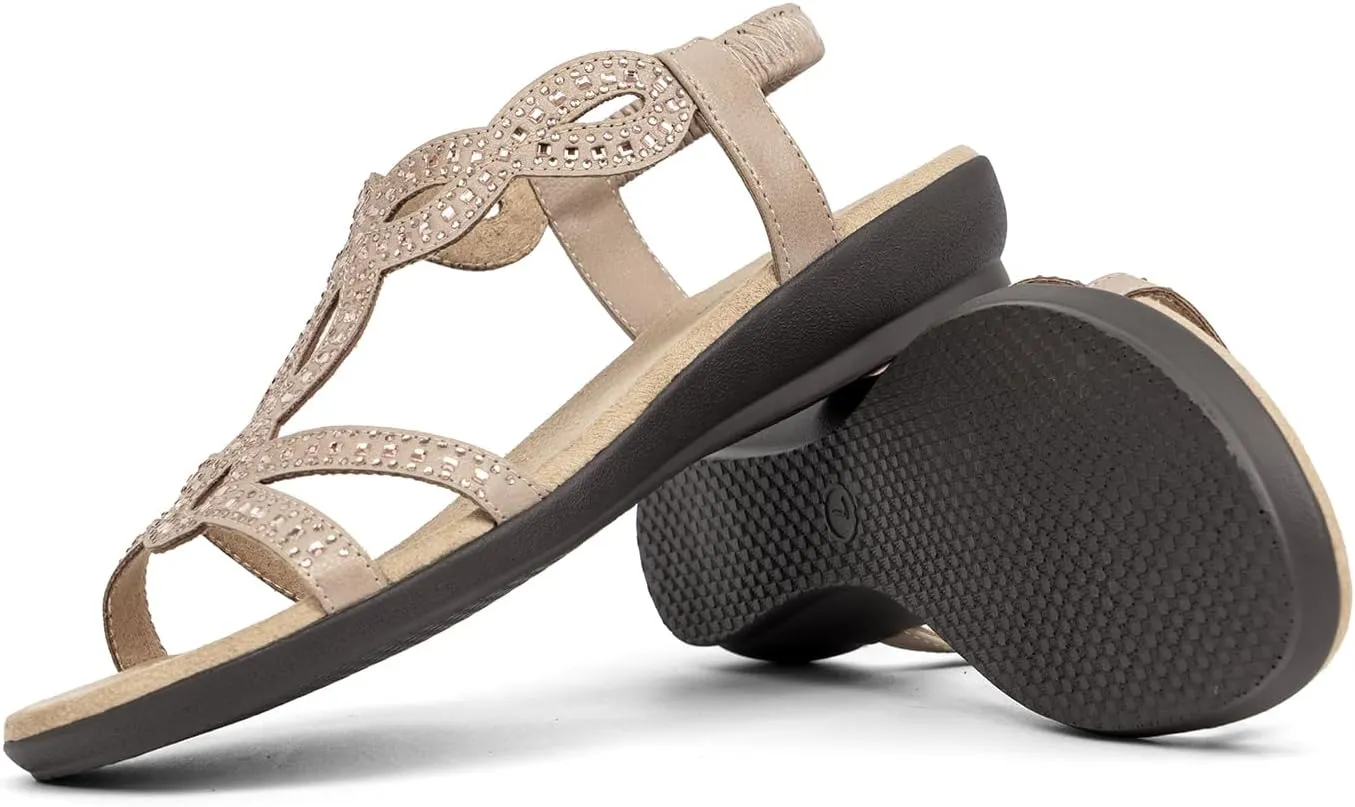 VJH confort Women’s Flat Sandals,Comfort Elastic Strap Rhinestone Open Toe Slip-On Casual Walking Sandals
