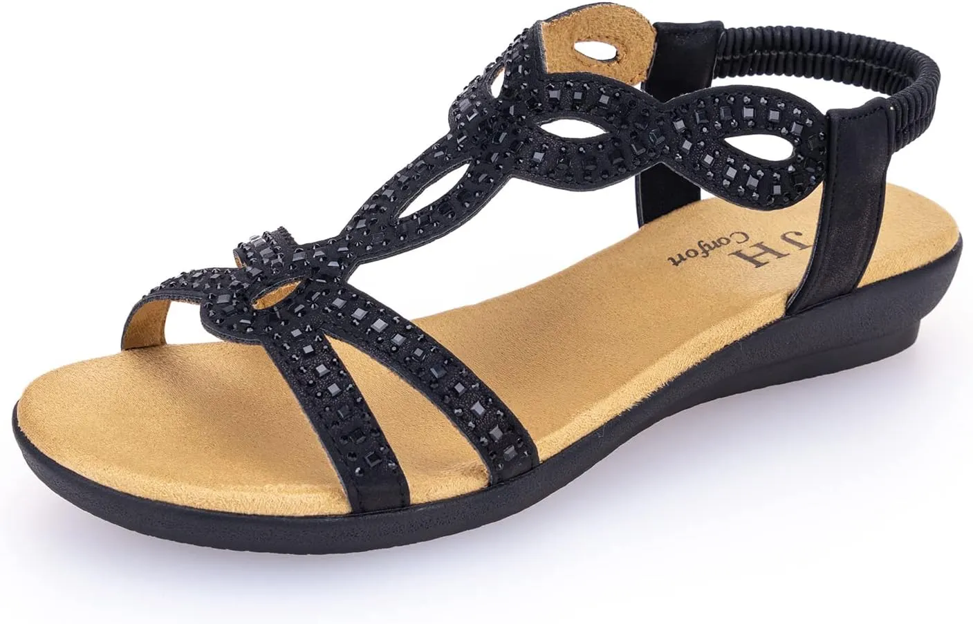 VJH confort Women’s Flat Sandals,Comfort Elastic Strap Rhinestone Open Toe Slip-On Casual Walking Sandals