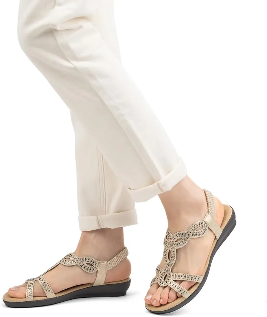 VJH confort Women’s Flat Sandals,Comfort Elastic Strap Rhinestone Open Toe Slip-On Casual Walking Sandals