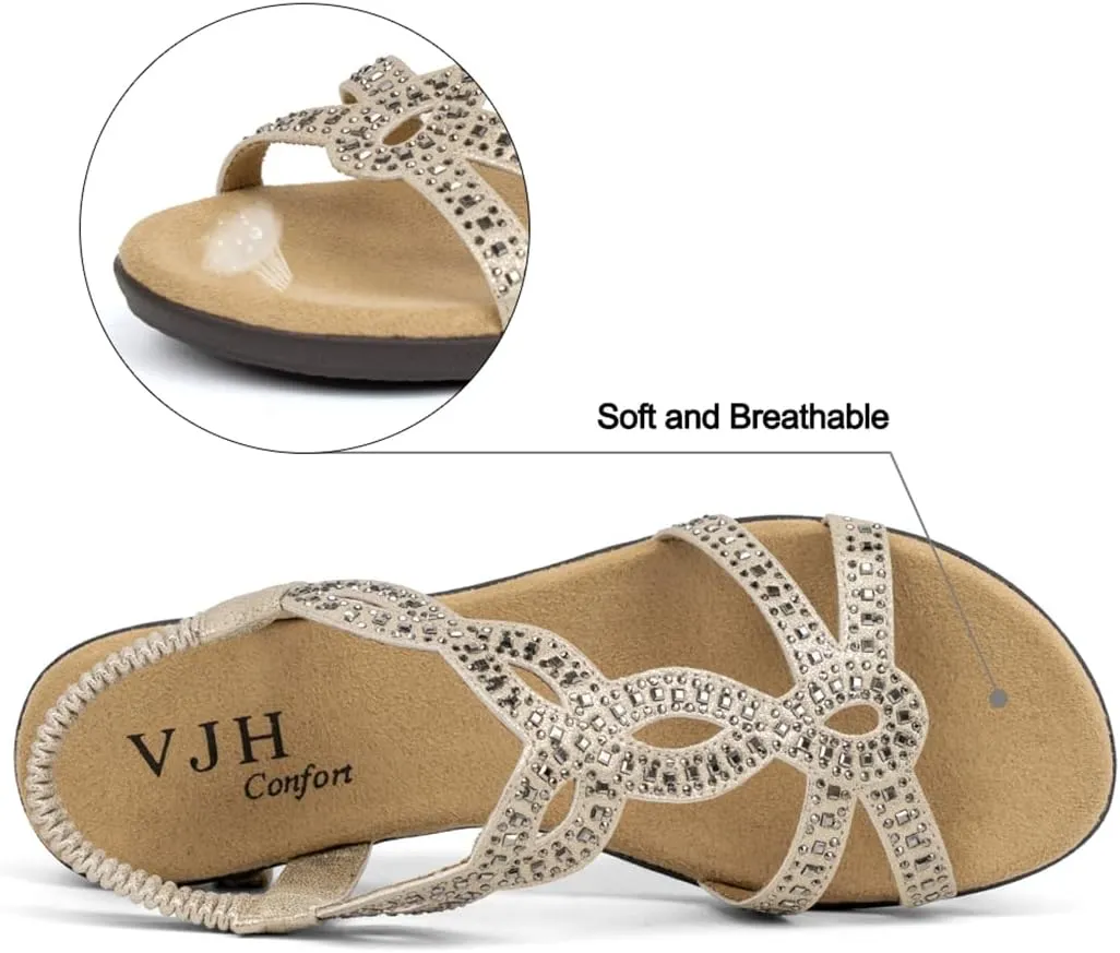VJH confort Women’s Flat Sandals,Comfort Elastic Strap Rhinestone Open Toe Slip-On Casual Walking Sandals