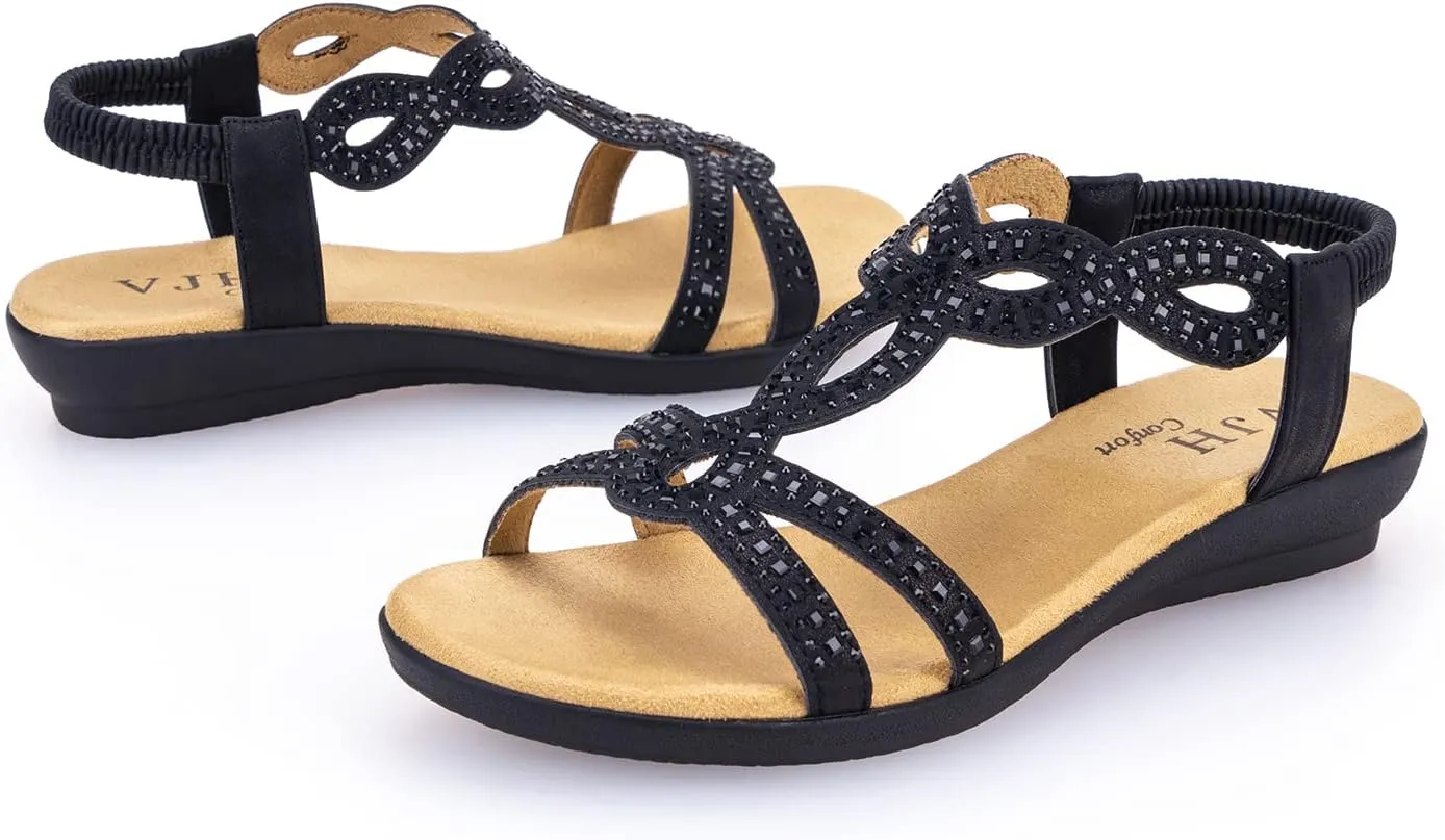 VJH confort Women’s Flat Sandals,Comfort Elastic Strap Rhinestone Open Toe Slip-On Casual Walking Sandals
