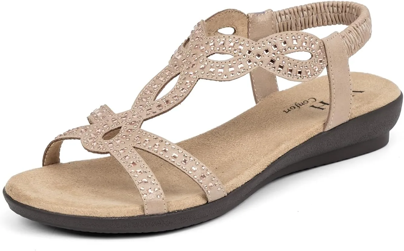 VJH confort Women’s Flat Sandals,Comfort Elastic Strap Rhinestone Open Toe Slip-On Casual Walking Sandals