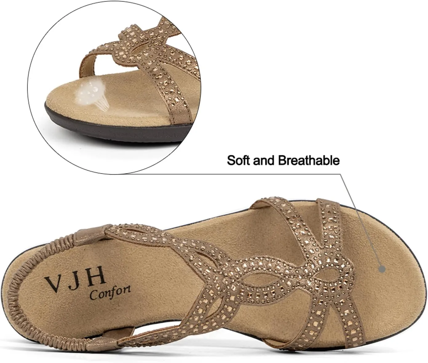 VJH confort Women’s Flat Sandals,Comfort Elastic Strap Rhinestone Open Toe Slip-On Casual Walking Sandals