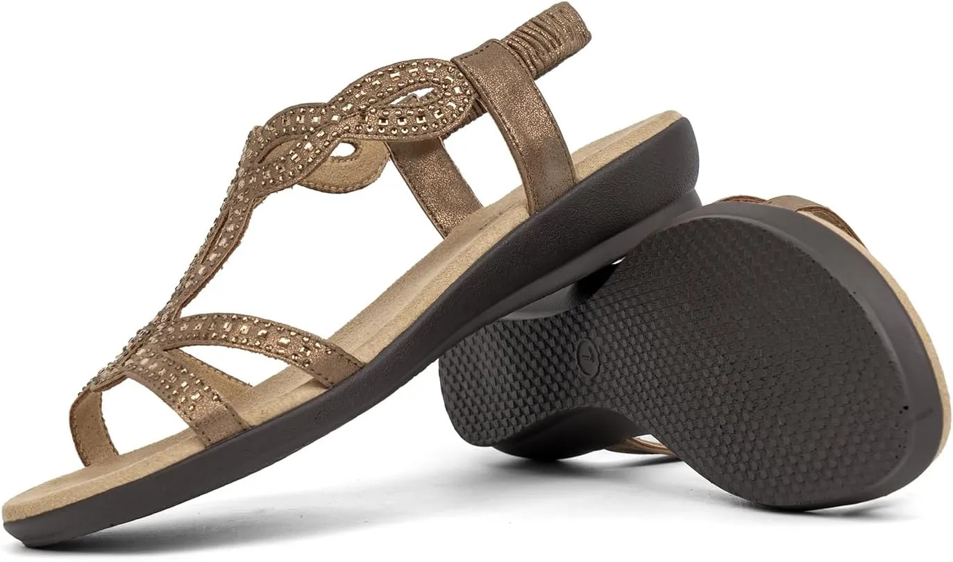 VJH confort Women’s Flat Sandals,Comfort Elastic Strap Rhinestone Open Toe Slip-On Casual Walking Sandals