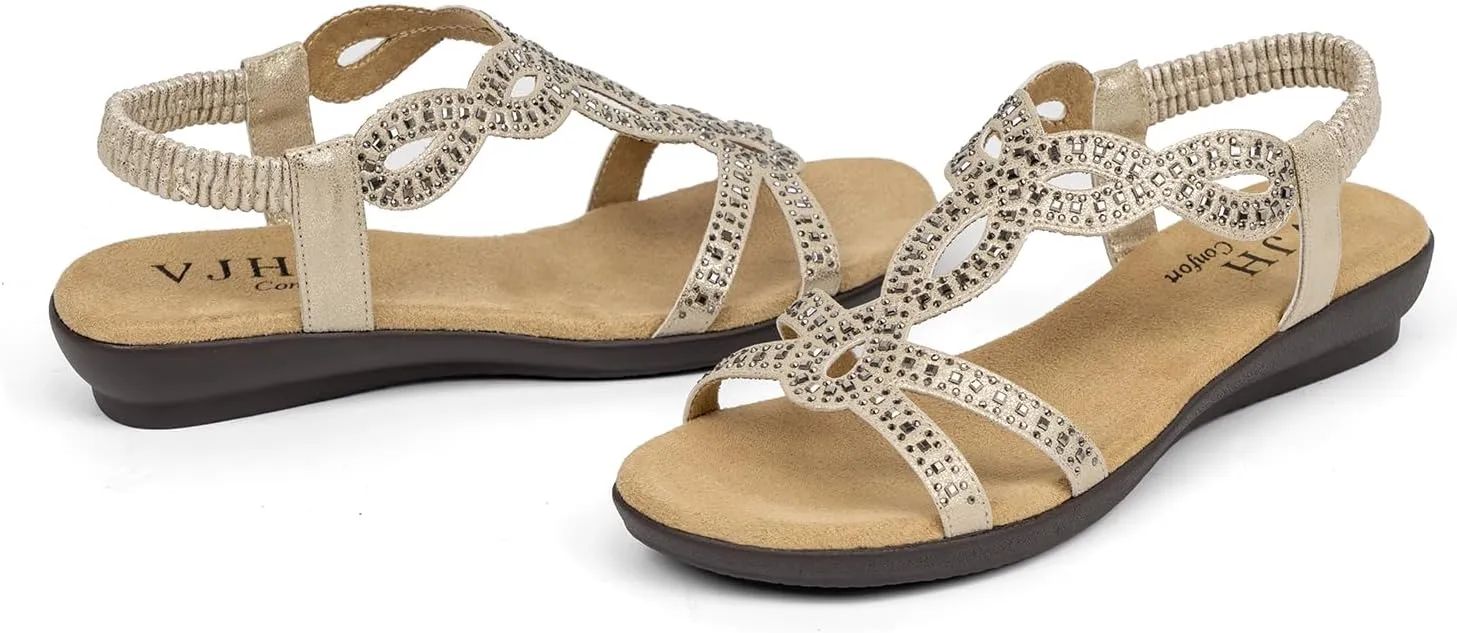 VJH confort Women’s Flat Sandals,Comfort Elastic Strap Rhinestone Open Toe Slip-On Casual Walking Sandals