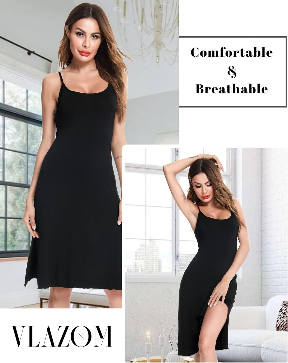 Vlazom Women Full Slips Sexy Soft Slip Dress for Under Dress Spaghetti Strap Cami Slip Chemises V Neck Negligee S-XXL