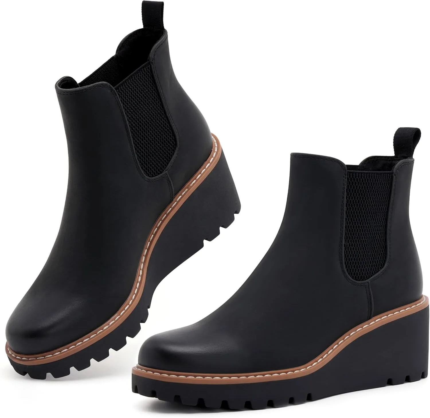 vodvob Women's Ankle Boots Wedge Heel Booties Elastic Chelsea Platform Slip On Lug Sole Wedge Boots