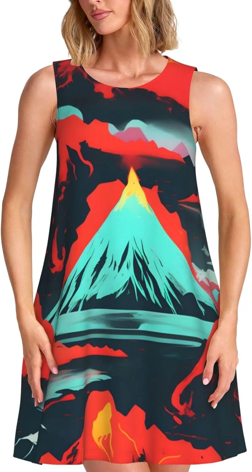 Volcano Bloom Print Women's Summer Dresses Beach Casual Sleeveless Floral Loose Sundress with Pocket