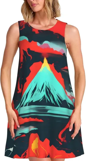 Volcano Bloom Print Women's Summer Dresses Beach Casual Sleeveless Floral Loose Sundress with Pocket