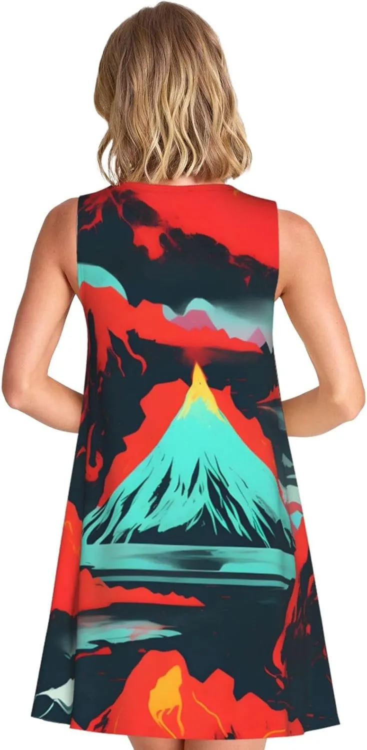 Volcano Bloom Print Women's Summer Dresses Beach Casual Sleeveless Floral Loose Sundress with Pocket
