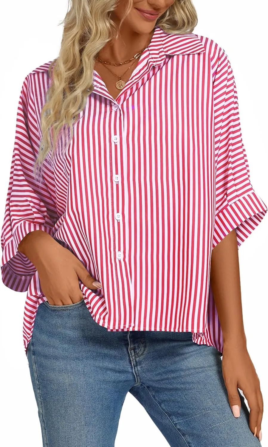 Vrtige Women's Casual Stripe Button Down Collar V Neck Half Sleeve Loose Blouse Shirt Top