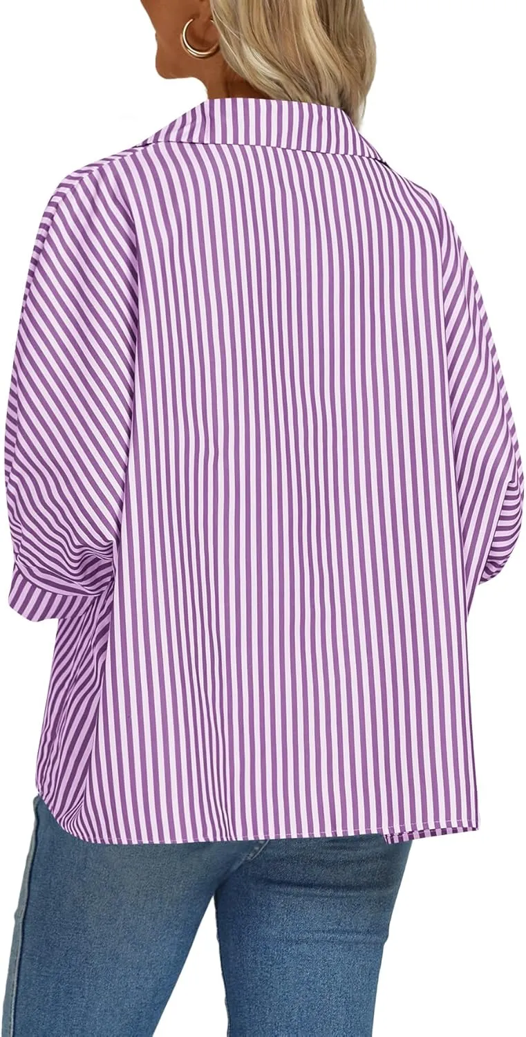 Vrtige Women's Casual Stripe Button Down Collar V Neck Half Sleeve Loose Blouse Shirt Top