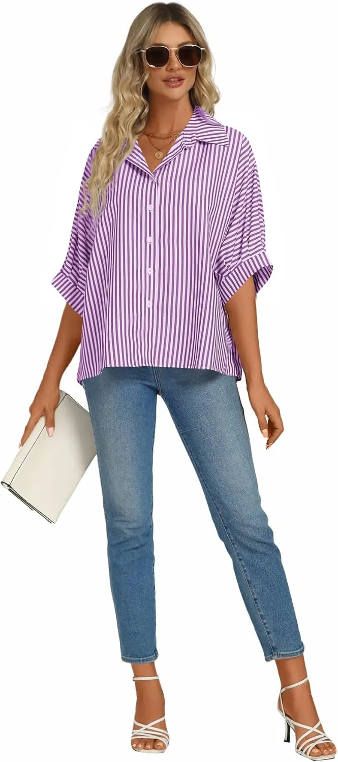 Vrtige Women's Casual Stripe Button Down Collar V Neck Half Sleeve Loose Blouse Shirt Top