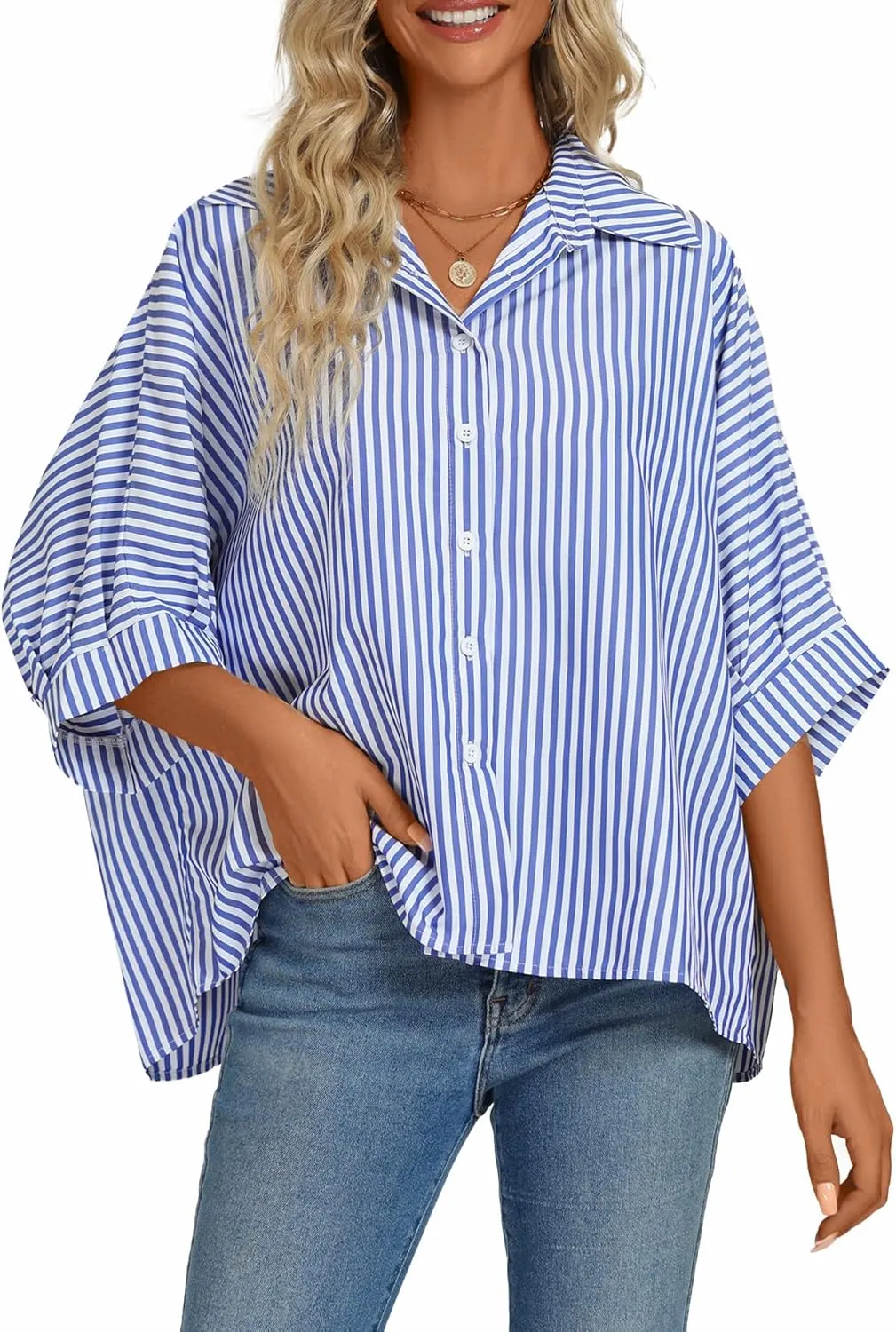 Vrtige Women's Casual Stripe Button Down Collar V Neck Half Sleeve Loose Blouse Shirt Top