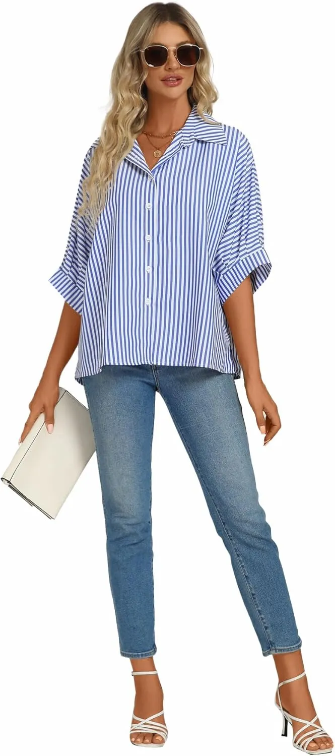 Vrtige Women's Casual Stripe Button Down Collar V Neck Half Sleeve Loose Blouse Shirt Top