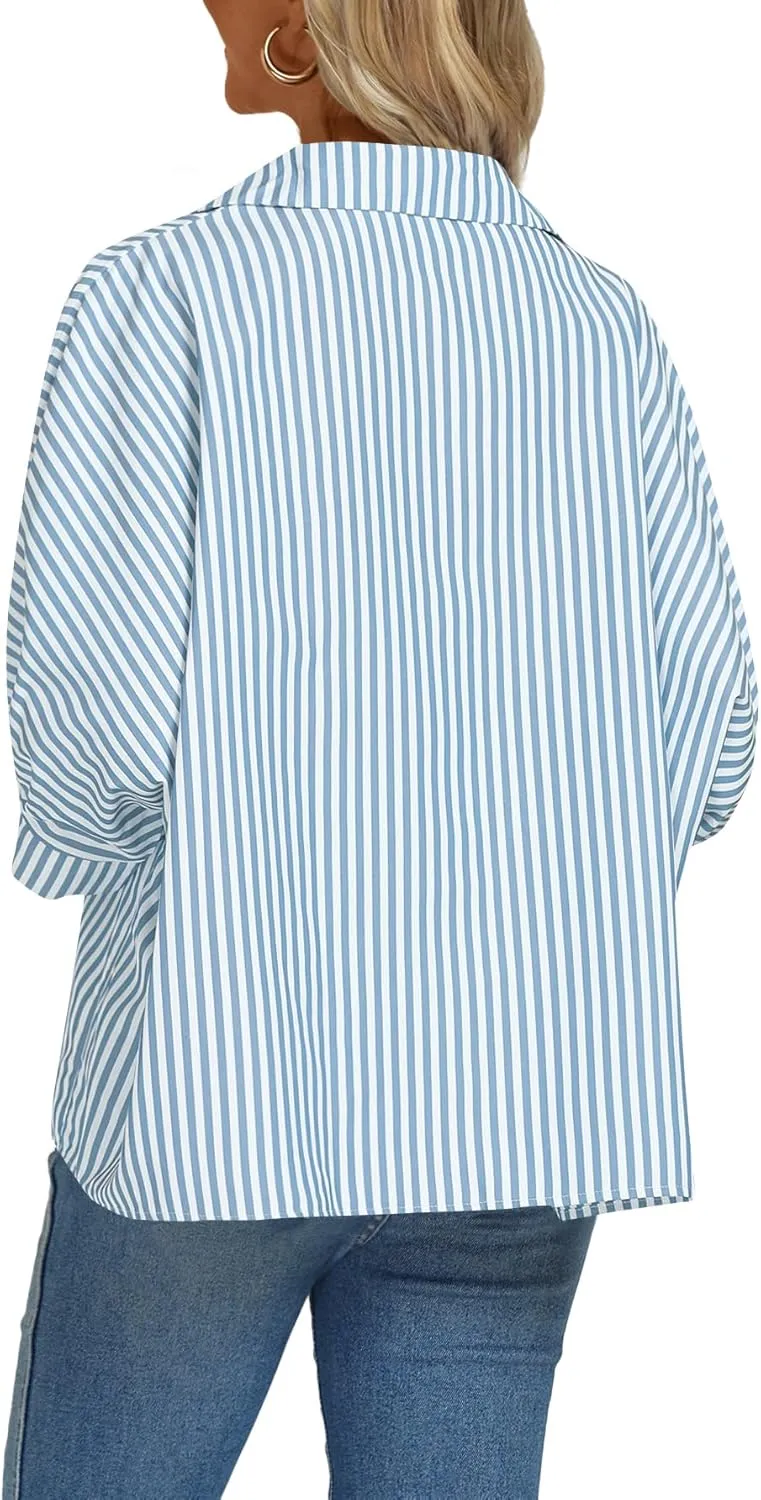 Vrtige Women's Casual Stripe Button Down Collar V Neck Half Sleeve Loose Blouse Shirt Top