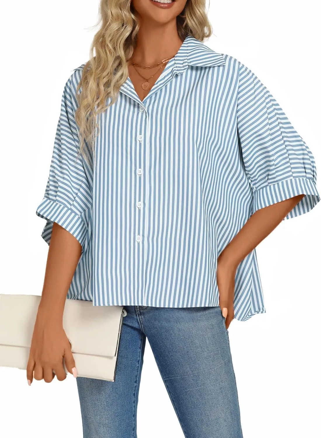 Vrtige Women's Casual Stripe Button Down Collar V Neck Half Sleeve Loose Blouse Shirt Top