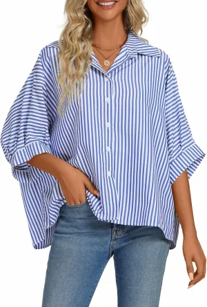 Vrtige Women's Casual Stripe Button Down Collar V Neck Half Sleeve Loose Blouse Shirt Top